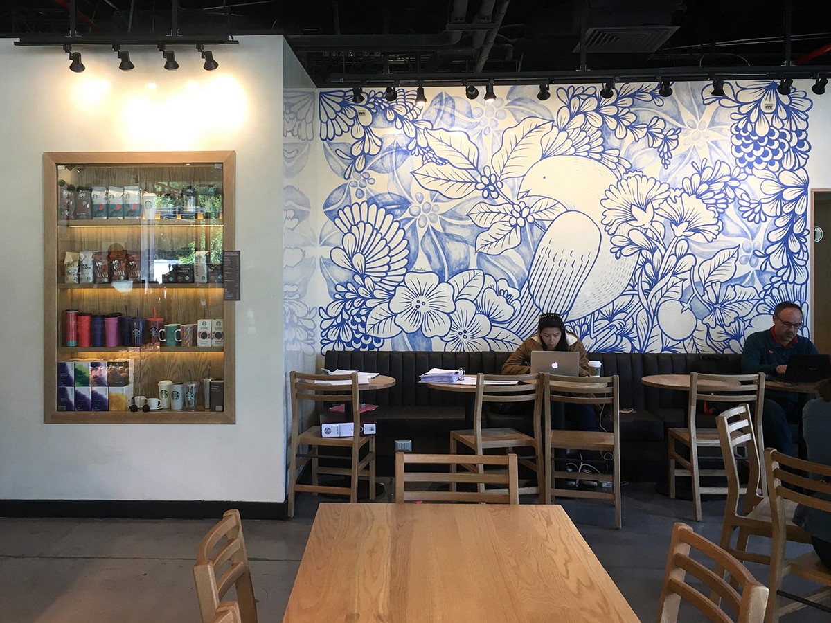 MURAL WITH PLANTS AND BIRDS IN A CAFE